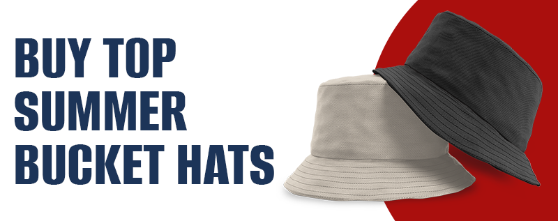 Two bucket hats displayed with text "BUY TOP SUMMER BUCKET HATS" on a white and red background.