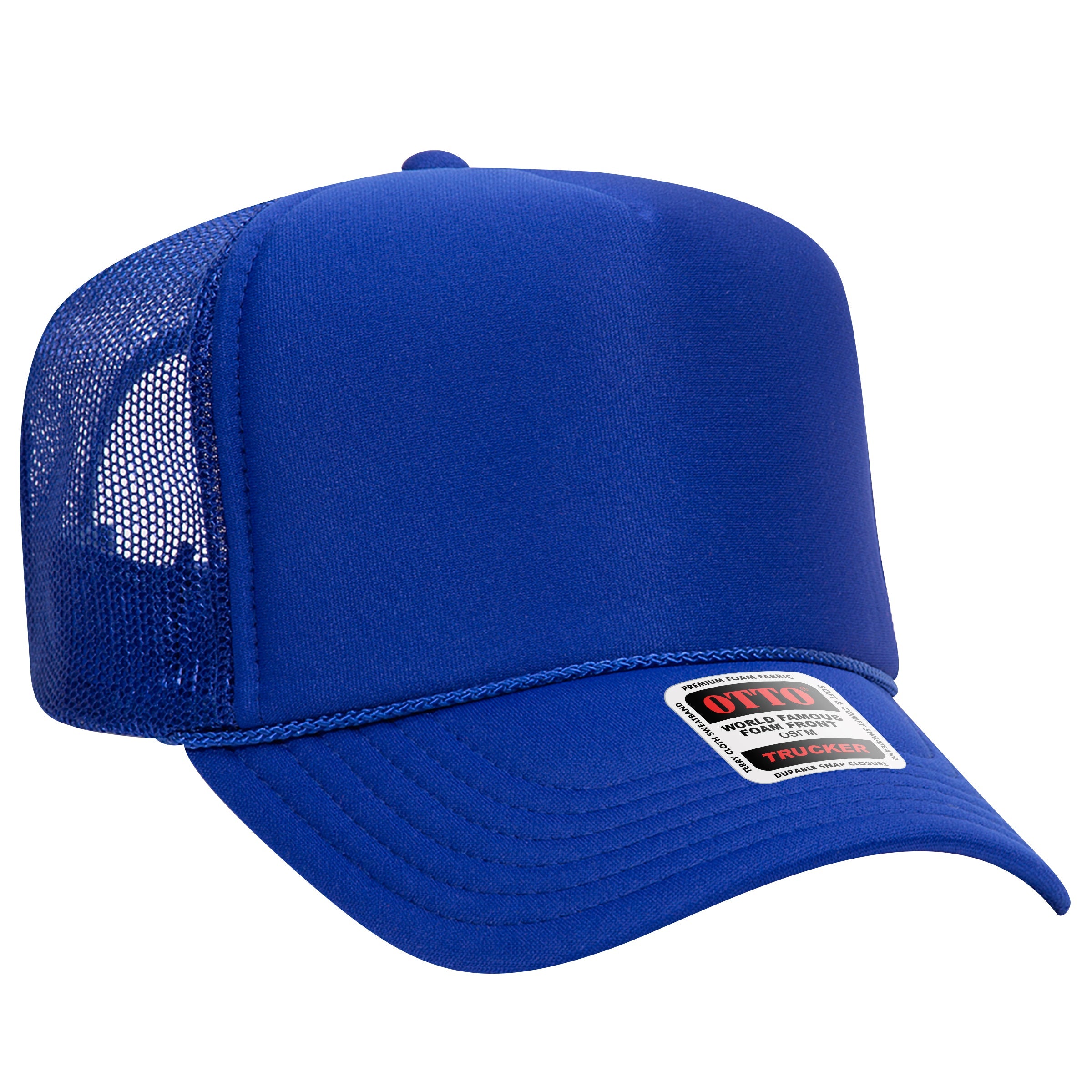 Blue OTTO five-panel high-crown foam-front trucker hat with mesh back and curved brim