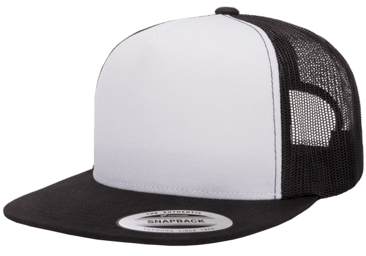 Yupoong 6006W Premium Trucker Snapback Hat Flat Bill Cap with Mesh Back White Front YP Classics - Star Hats & Embroidery