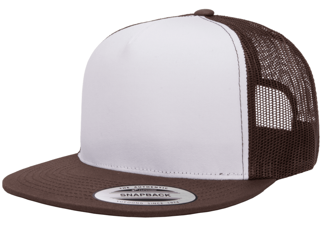 Yupoong 6006W Premium Trucker Snapback Hat Flat Bill Cap with Mesh Back White Front YP Classics