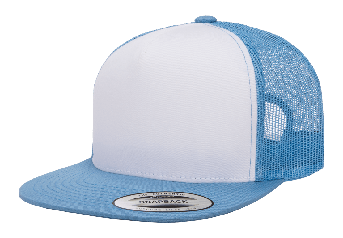 Yupoong 6006W Premium Trucker Snapback Hat Flat Bill Cap with Mesh Back White Front YP Classics