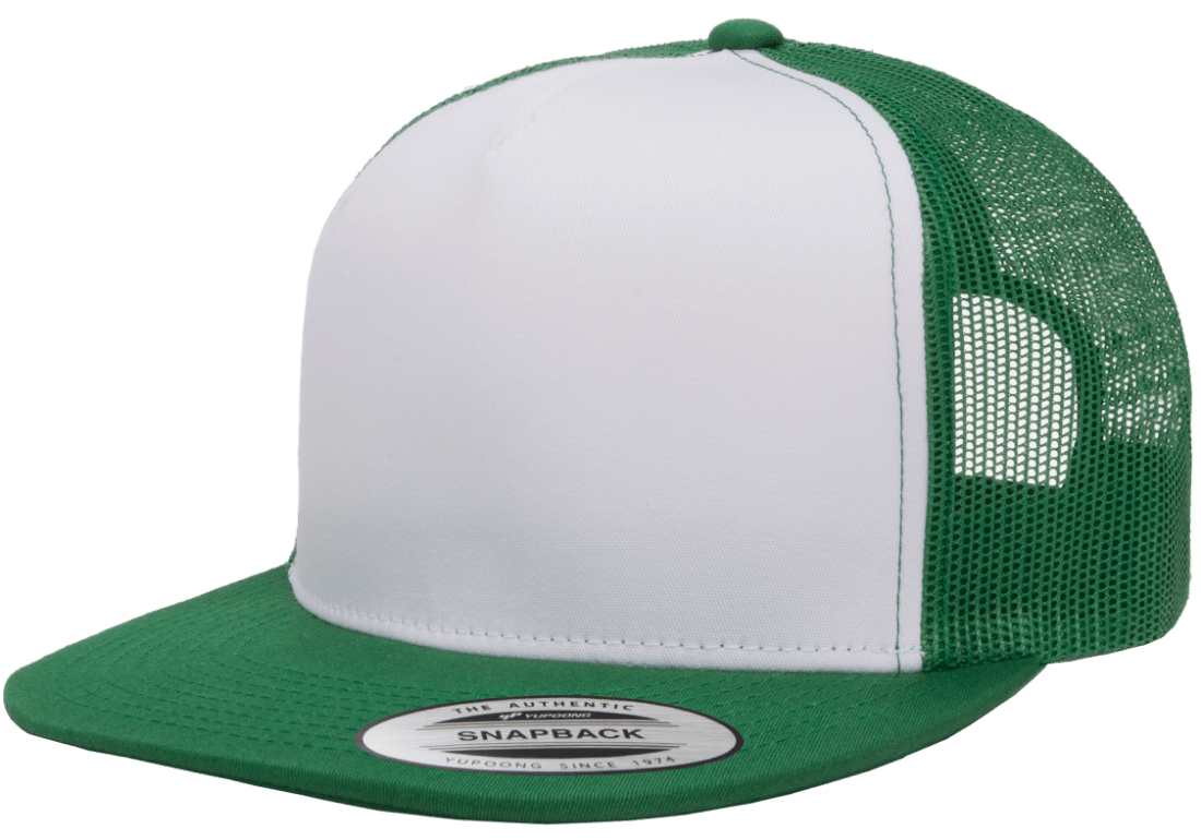 Yupoong 6006W Premium Trucker Snapback Hat Flat Bill Cap with Mesh Back White Front YP Classics