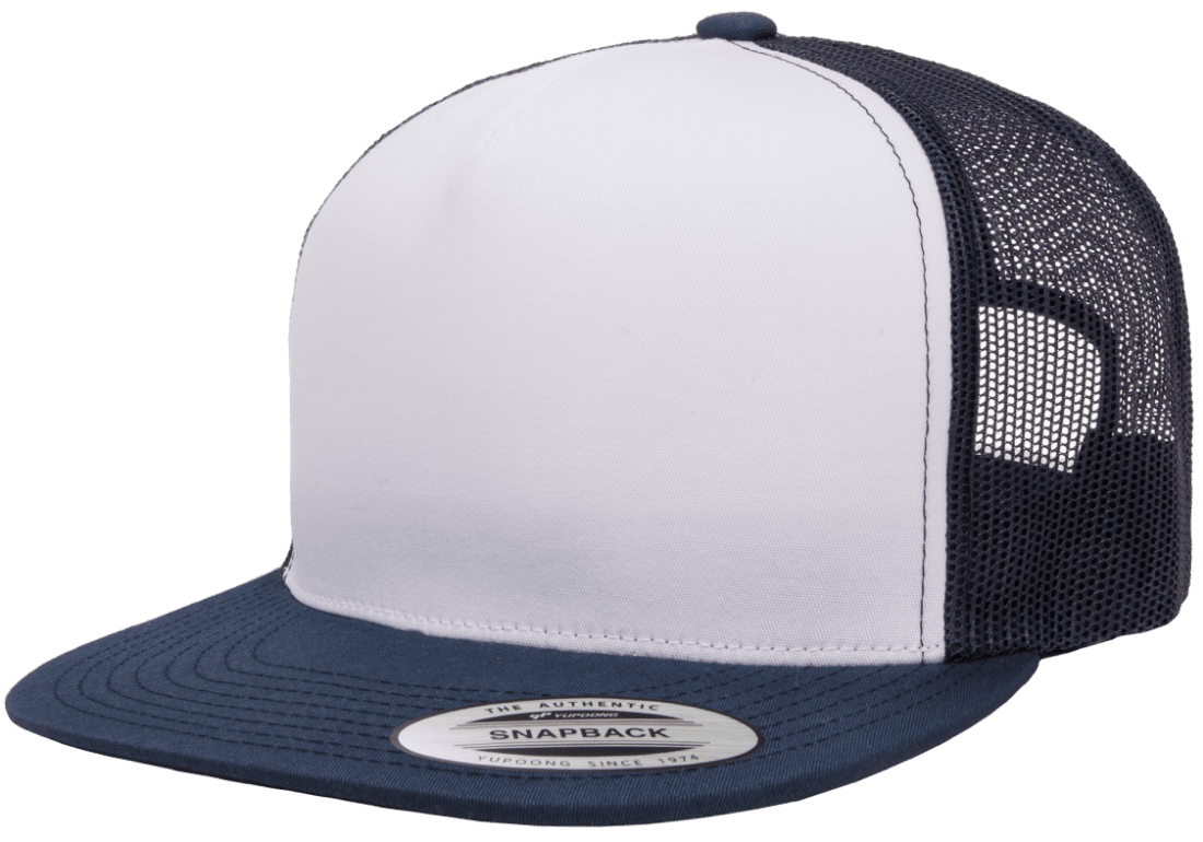Yupoong 6006W Premium Trucker Snapback Hat Flat Bill Cap with Mesh Back White Front YP Classics