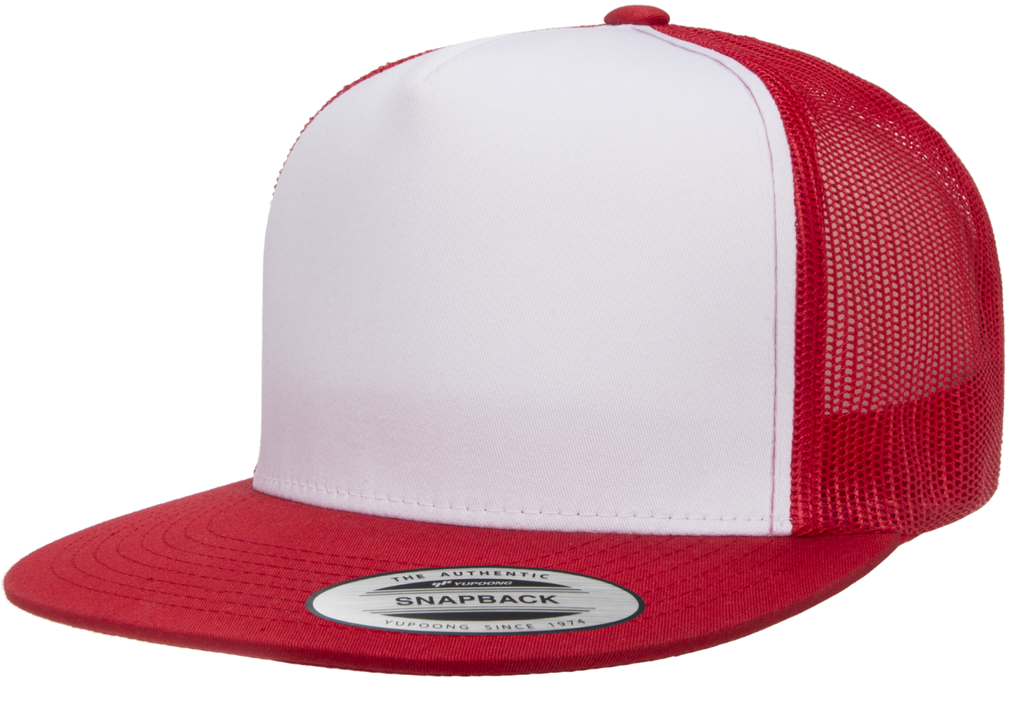 Yupoong 6006W Premium Trucker Snapback Hat Flat Bill Cap with Mesh Back White Front YP Classics