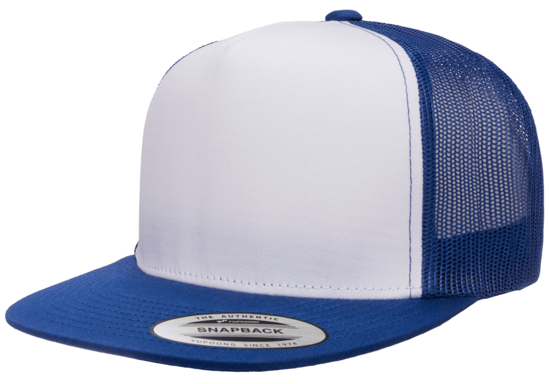 Yupoong 6006W Premium Trucker Snapback Hat Flat Bill Cap with Mesh Back White Front YP Classics