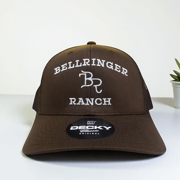 Brown Decky hat with white embroidered Bellringer Ranch BR logo, displayed on a clean white background.