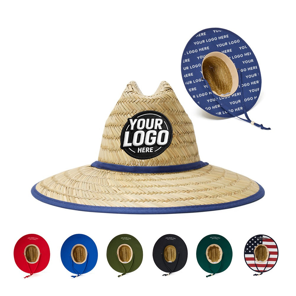 Custom straw lifeguard hat with blue trim and black logo patch, shown with color options.