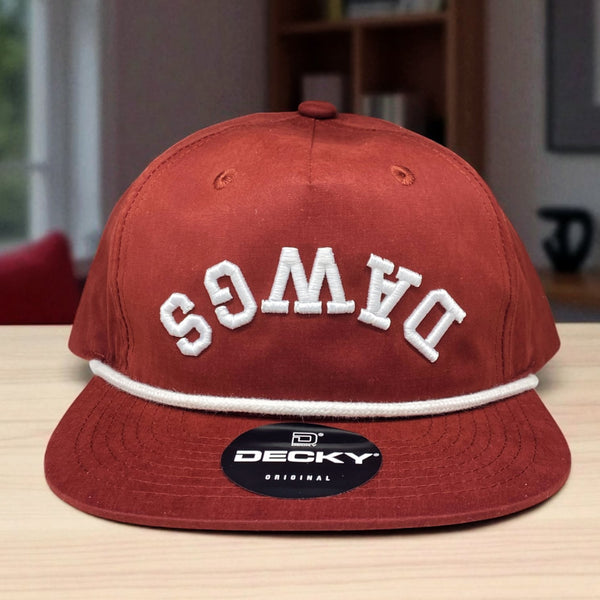 Red Decky rope hat featuring bold white embroidered DWAGS text in an arched design on the front.