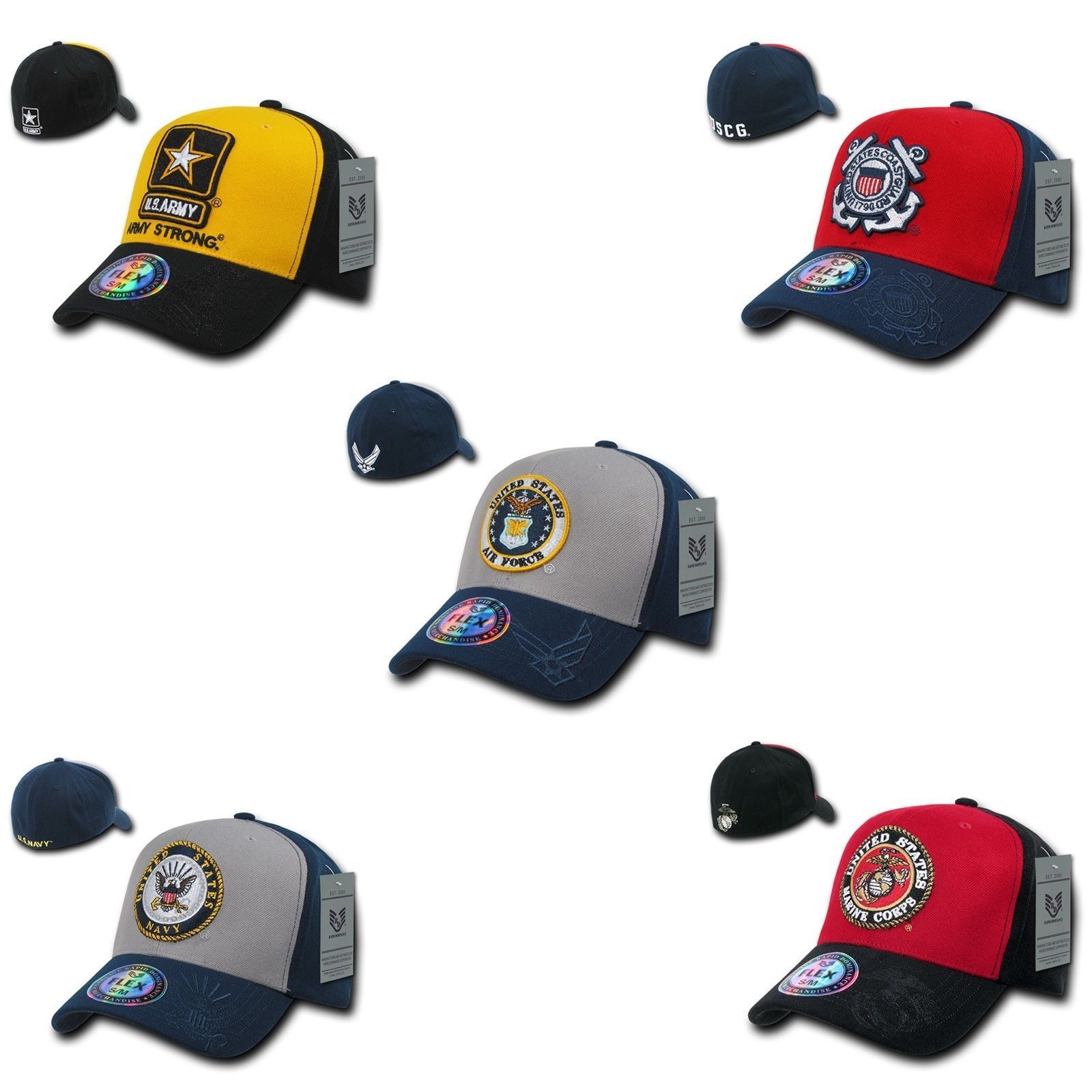 1 Dozen Air Force Marines Navy Army Coast Guard Flex Fit Baseball Hats ...