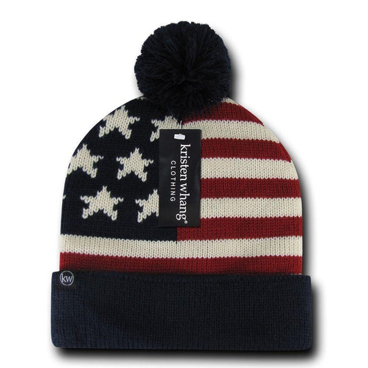 1 Dozen American USA Flag Stars Stripes Beanies Caps Hats Pom Pom Wholesale Lot Bulk-Casaba Shop - Star Hats & Embroidery