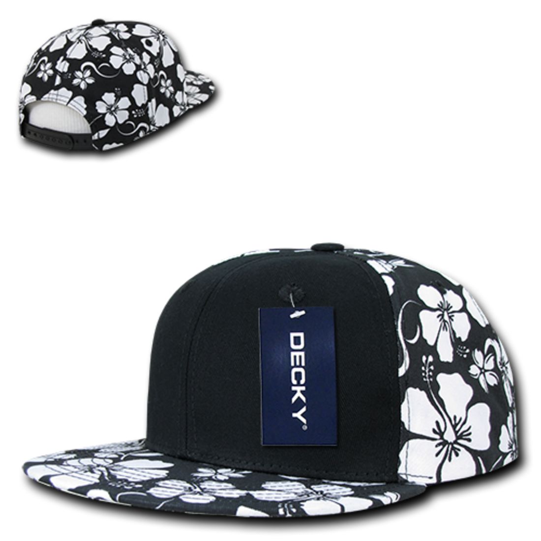 Decky 1067 Hawaiian Floral Snapback Hats Black Panel Flat Bill Caps Cotton Wholesale