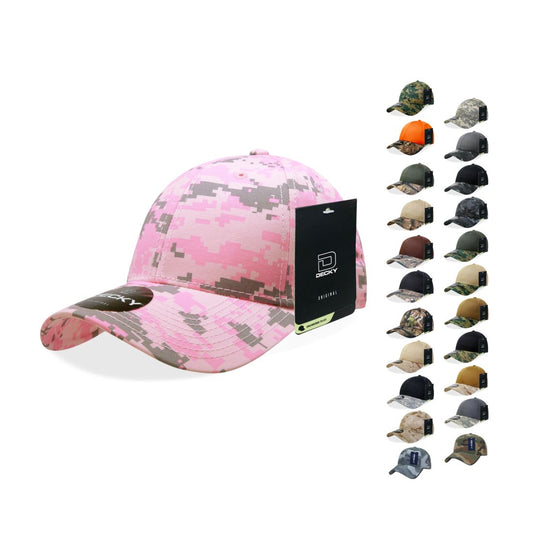 Decky 217 Structured Camouflage Hats Low Profile 6 Panel Curved Bill Caps - Star Hats & Embroidery