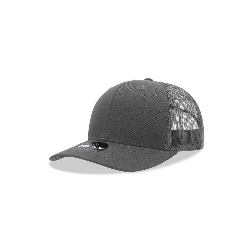 Decky 5019 Youth 6 Panel Mid Profile Structured Cotton Trucker Hat - Black/Charcoal