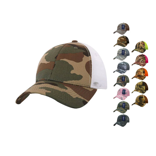 Decky 218 Structured Camo Trucker Hats Low Profile 6 Panel Curved Bill Caps - Star Hats & Embroidery