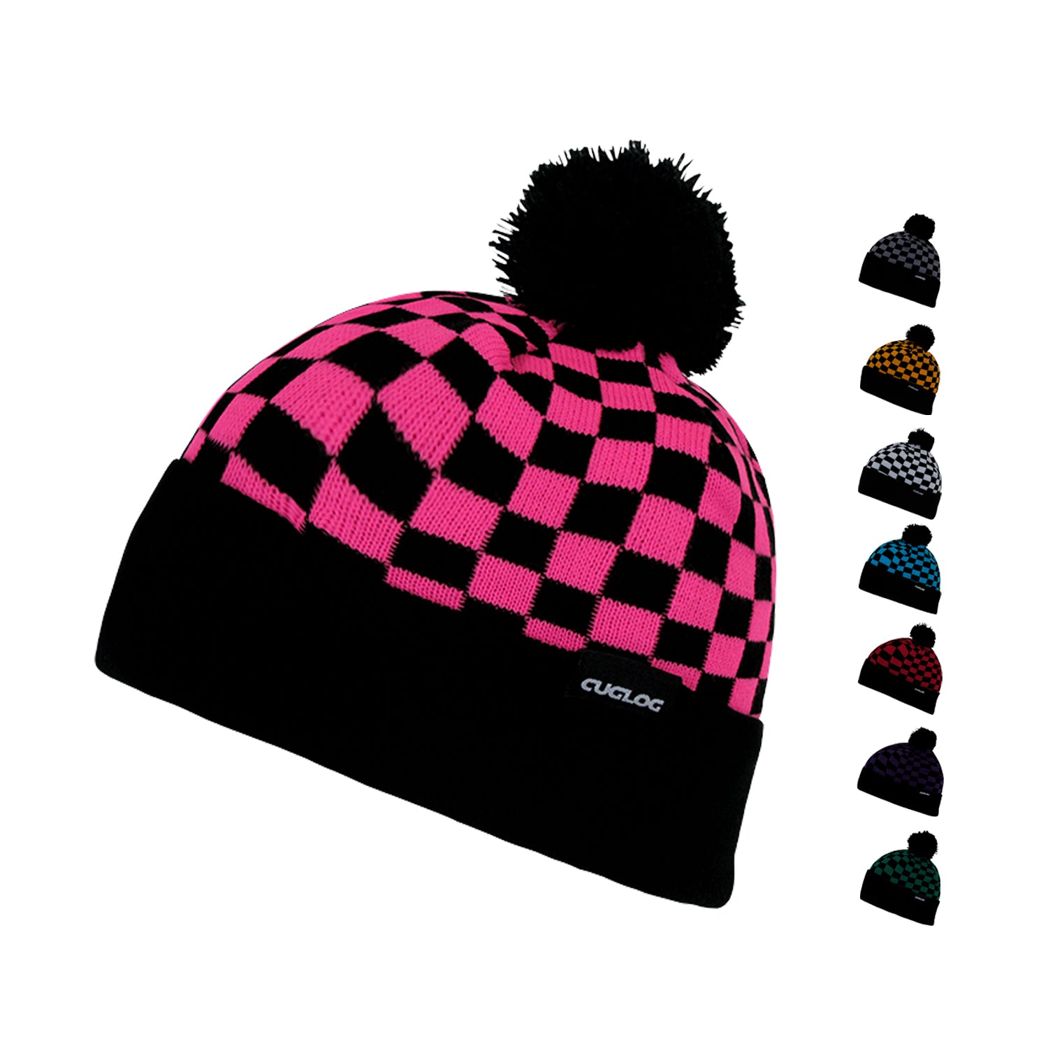 Cuglog K019 Changbai Checker Cuffed Knit Pom Pom Beanies Hats Winter Ski Caps