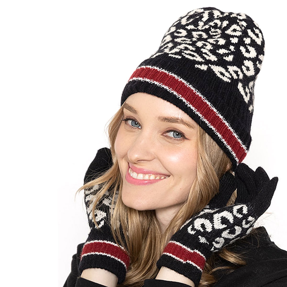 Empire Cove Winter Set Knit Leopard Striped Beanie and Touch Screen Gloves Gift Set